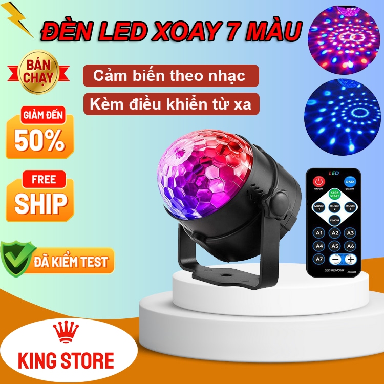 Đèn led xoay 7 màu vũ trường nháy chớp theo nhạc bay, phòng sân khấu, trang trí decor phòng cảm ứng nhạc, kèm điều khiển