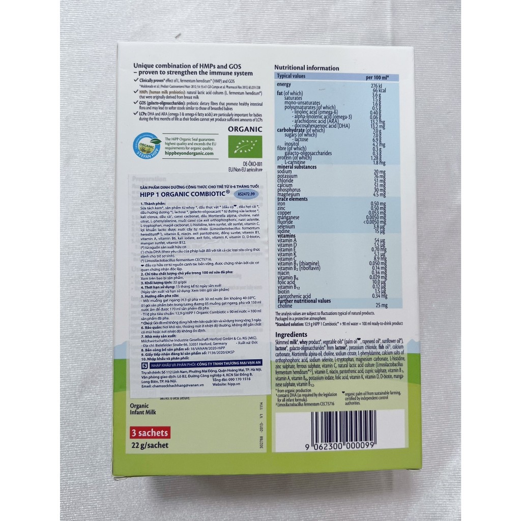 Combo 3 gói Sữa bột công thức HiPP 1 Organic Combiotic (3 gói x 22gram) (Dành cho bé từ 0-6 tháng)