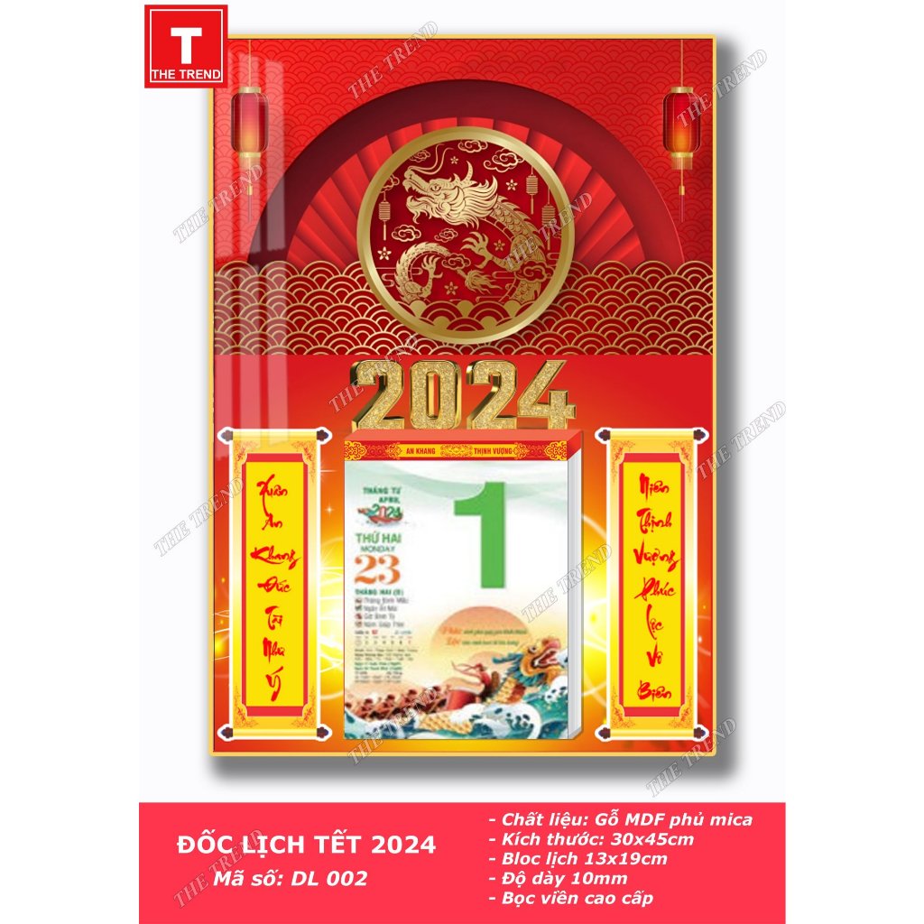 Đốc lịch tết 2024 - Đốc lịch gỗ tráng gương cao cấp - Kích thước 30x45cm - Tặng Kèm Quyển Lịch Tết