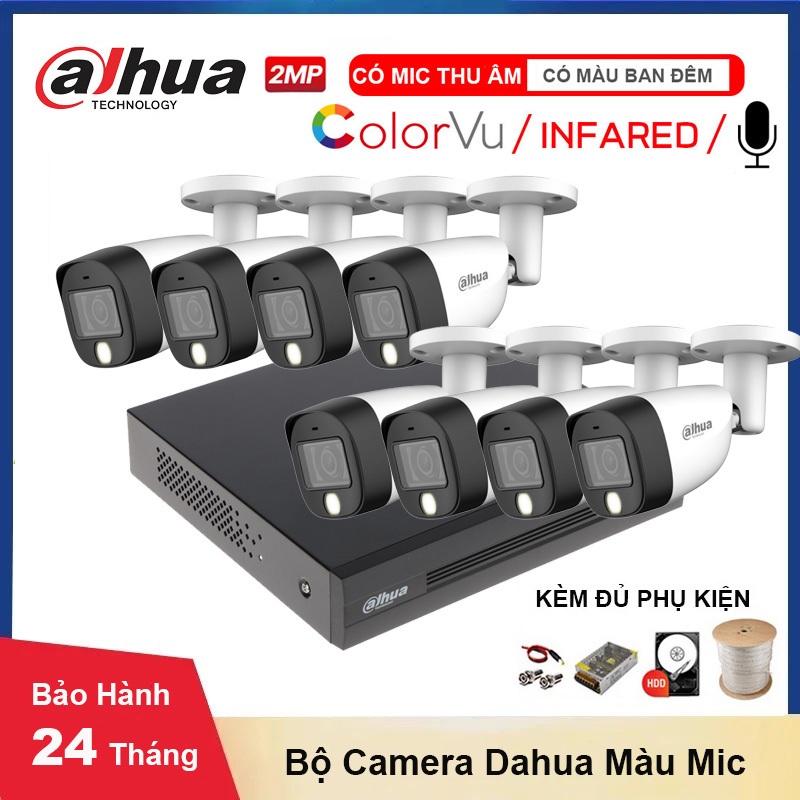 Bộ Camera giám sát DAHUA 2MP-FHD 1080P, Có Mic thu âm, quay đêm có màu - Bộ [5 | 6 | 7 | 8] Camera 2MP Kèm đủ phụ kiện