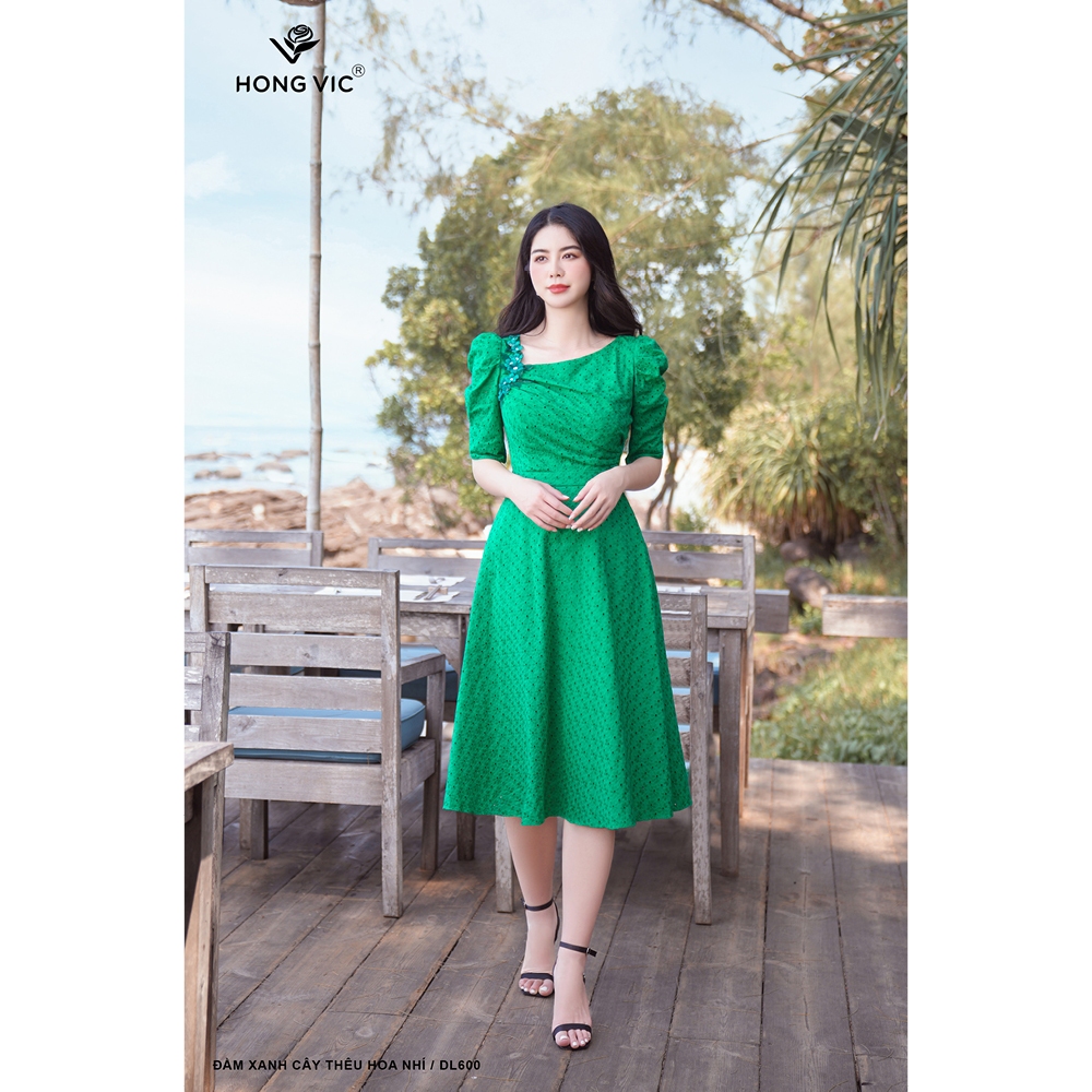 Đầm nữ thiết kế Hong Vic xanh cây thêu hoa nhí DL600