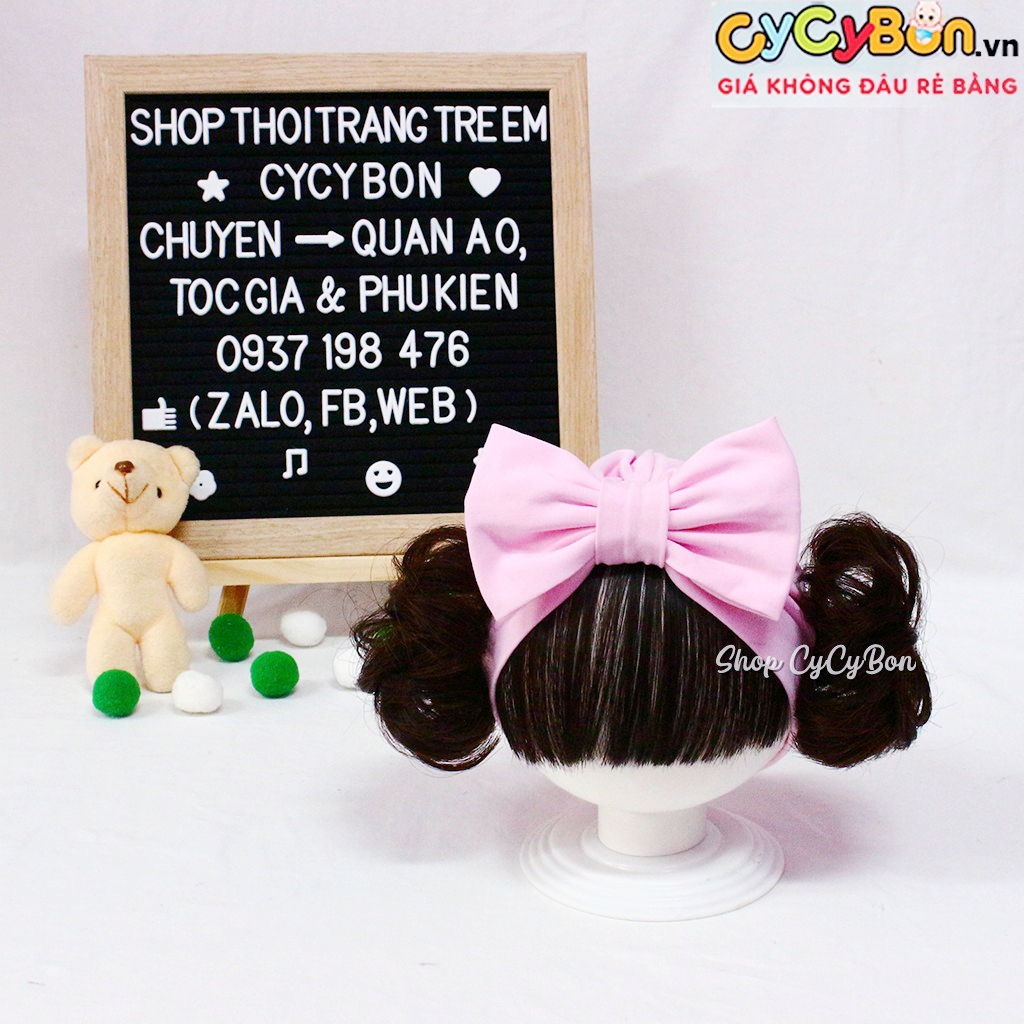 Mũ / Nón Turban Tóc Giả Cho Bé Gái Hồng Phấn Nơ Kèm Tóc Mái Ngang Và Búi 2 Bên