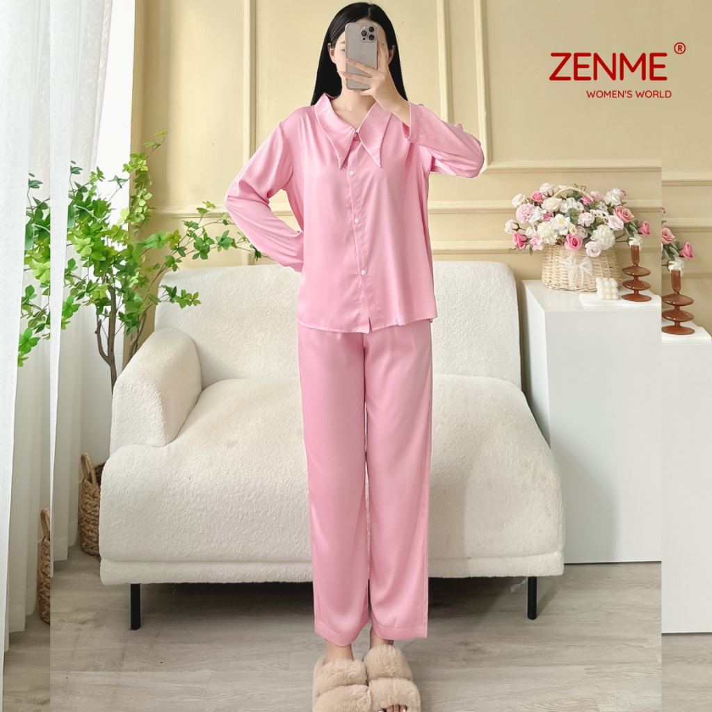 Bộ mặc nhà, đồ ngủ Pijama nữ thiết kế cổ nhọn Lụa Latin tay dài quần dài thu đông, ZENME PJDN1123