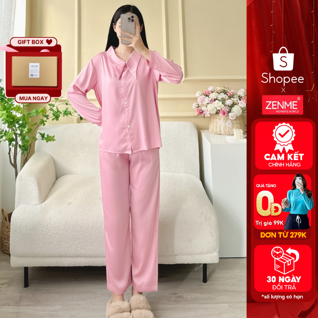 Bộ mặc nhà, đồ ngủ Pijama nữ thiết kế cổ nhọn Lụa Latin tay dài quần dài thu đông, ZENME PJDN1123