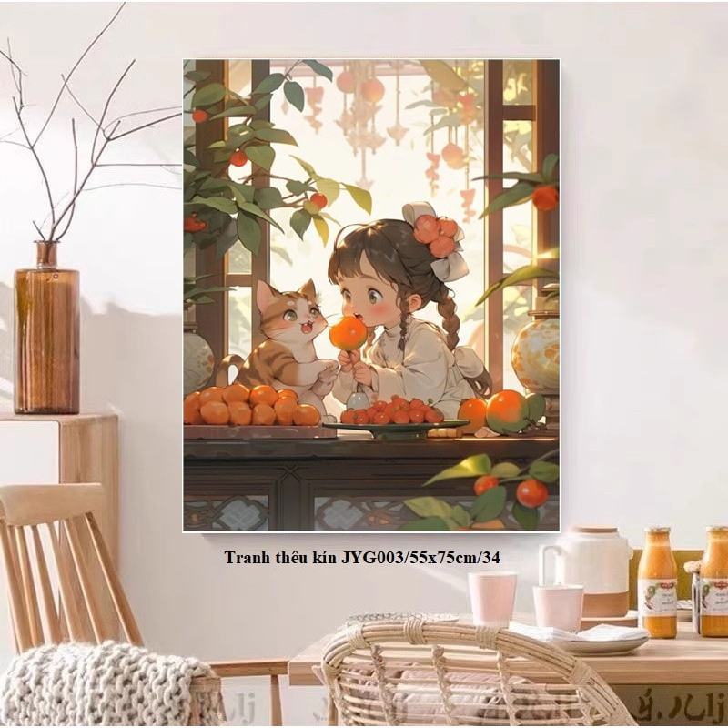 [Tặng kéo] Tranh thêu kín mini 55x75cm - cô gái và chú mèo so cute bên cửa sổ - tranh chưa thêu JYG003 11CT