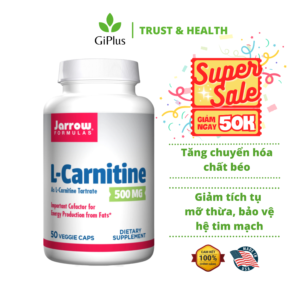(Date 01/2024) Viên Uống Hỗ Trợ Giảm Cân, Tan Mỡ, Chuyển Hóa Mỡ Jarrow Formulas L-Carnitine 500mg (50 Viên/Lọ)