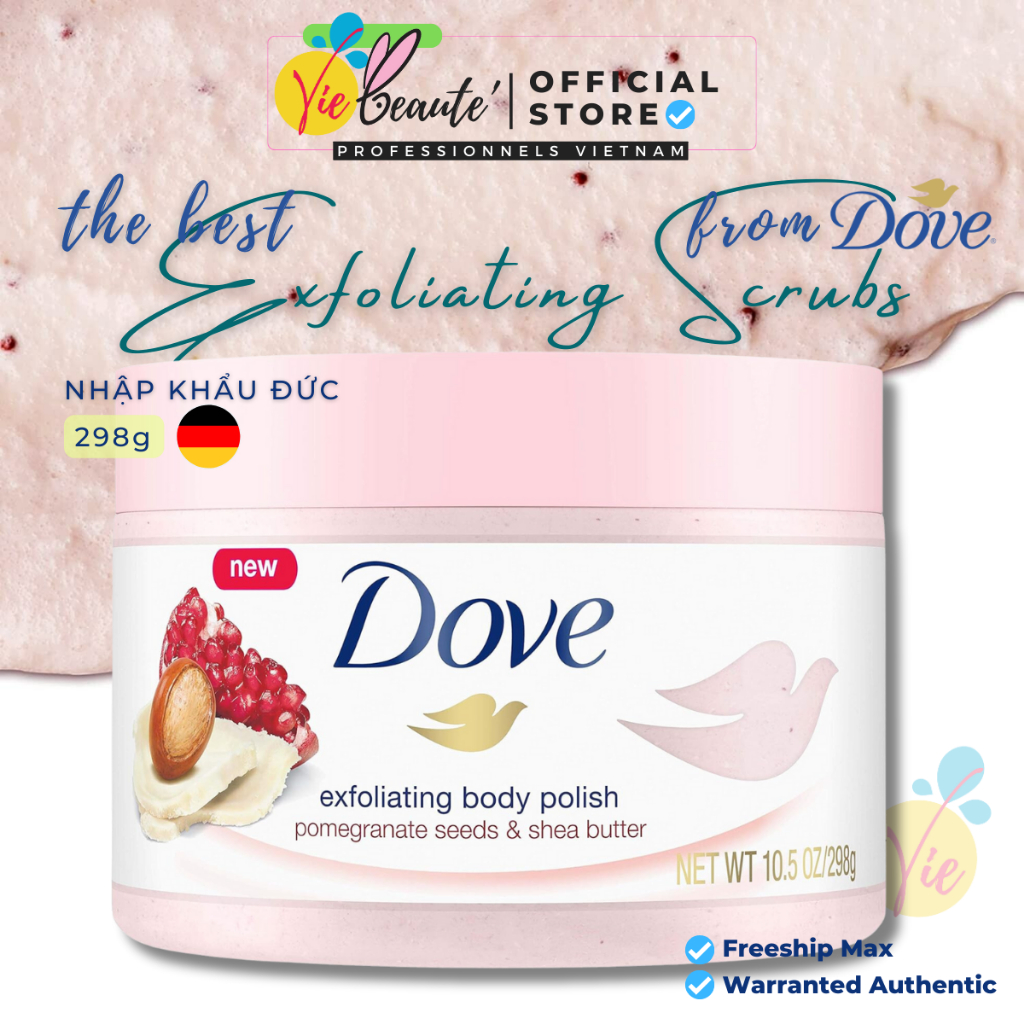 Tẩy Da Chết DOVE Body Scrub Đức Macca và Lựu Dỏ Giúp Da Mịn Màng 225g