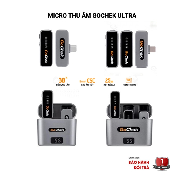 Micro thu âm không dây Gochek Ultral cao cấp kèm hộp sạc - Gắn điện thoại, Livestream, Quay Video, Ghi âm