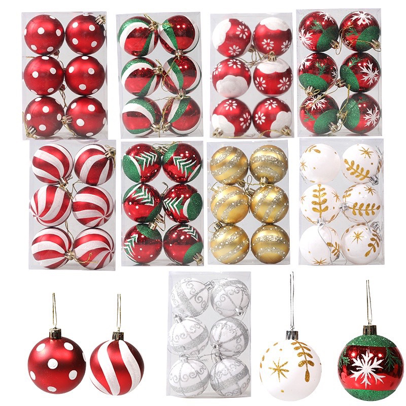 Hộp 6 quả châu,6cm nhiều họa tiết lấp lánh trang trí cây thông Noel 2022