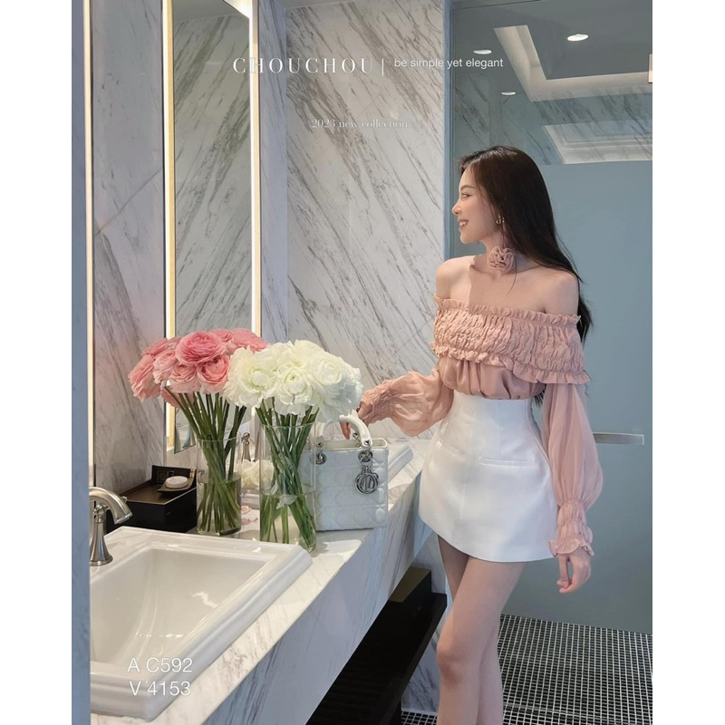 Set Áo Trễ Vai Bèo Kèm Dây Hoa, set áo Mix Chân Váy Tacta Có Lót Quần Hàng 2 Lớp siêu sang chảnh siêu xinh V 48