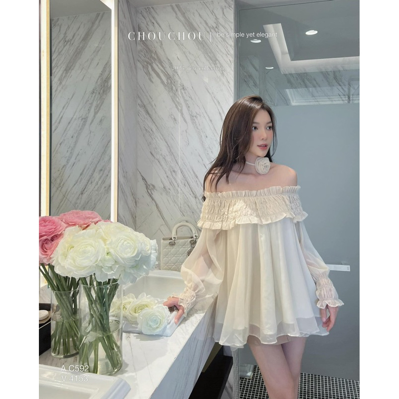 Set Áo Trễ Vai Bèo Kèm Dây Hoa, set áo Mix Chân Váy Tacta Có Lót Quần Hàng 2 Lớp siêu sang chảnh siêu xinh V 48