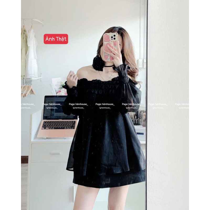 Set Áo Trễ Vai Bèo Kèm Dây Hoa, set áo Mix Chân Váy Tacta Có Lót Quần Hàng 2 Lớp siêu sang chảnh siêu xinh V 48