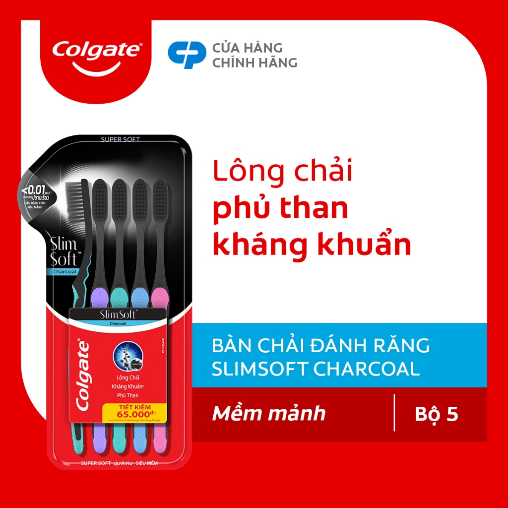 [Phạm Thoại x Colgate] Bộ 5 Bàn chải đánh răng Colgate than hoạt tính kháng khuẩn SlimSoft Charcoal mềm mảnh