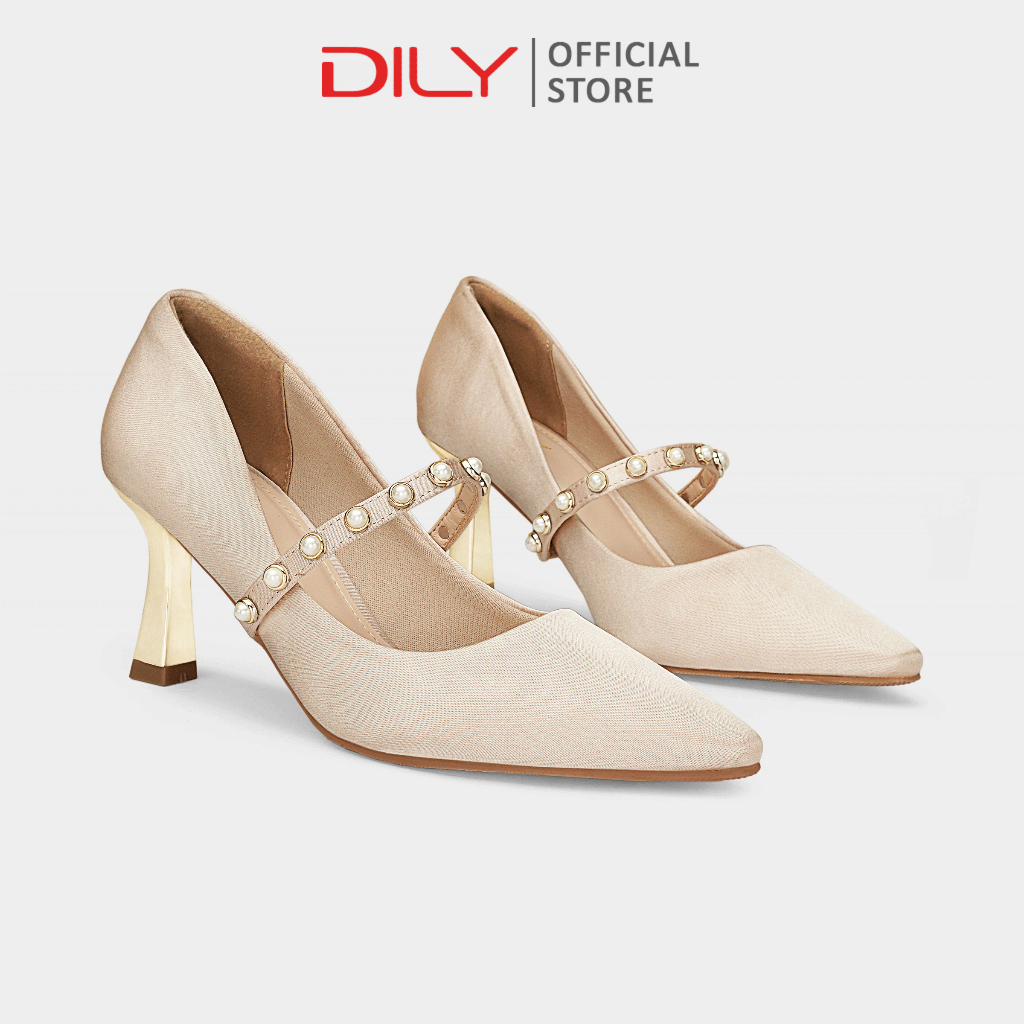 Giày cao gót nữ DILY quai ngang dây mảnh đính hạt, giày bít mũi vải lụa satin gót nhọn cao 7cm AA0462