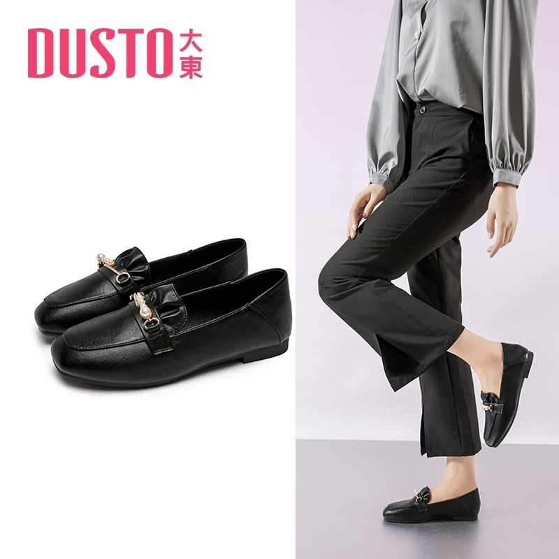 giày da nữ dusto thời trang công sở đẹp cao cấp giá rẻ đế bằng cao 3p da mềm chắc chắn êm chân màu đen be-GDDT05