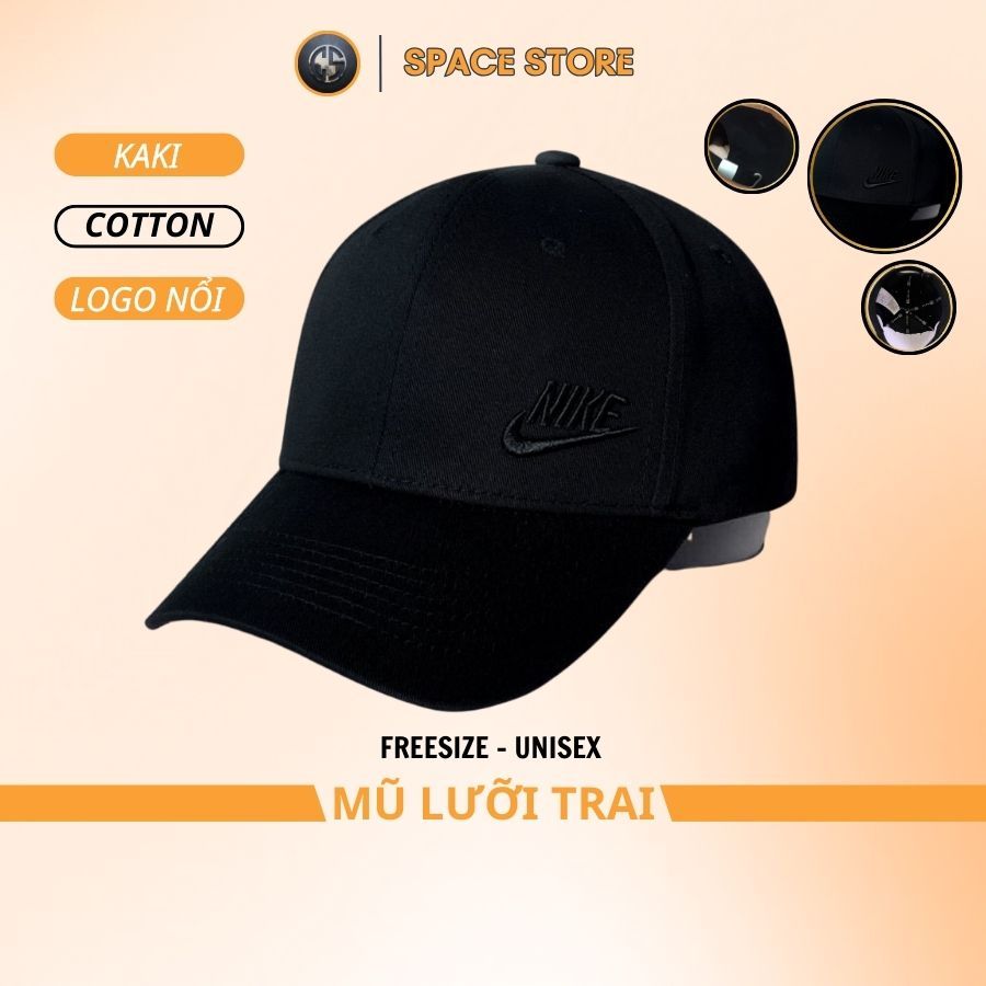 Mũ lưỡi trai Nike đen Logo thêu nổi chữ nhỏ, hàng xuất dư Freesize dành cho cả nam và nữ, Full hộp