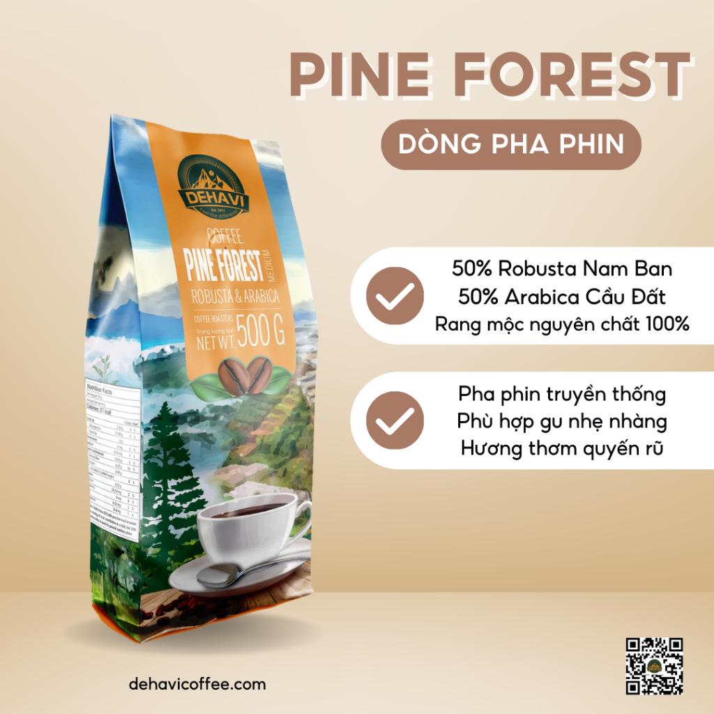 PINE FOREST - Cà phê ngon đến từ Nam Ban - Cà phê bột (50% Robusta + 50% Arabica) rang mộc từ Dehavi Coffee