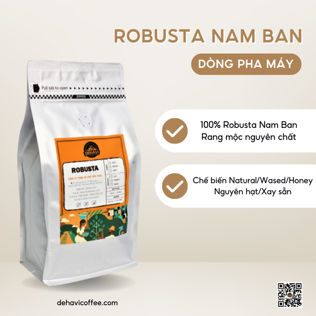 100% ROBUSTA nguyên hạt/xay sẵn pha máy, nguyên chất rang mộc, chế biến Natural/Ướt/Honey từ Dehavi Coffee