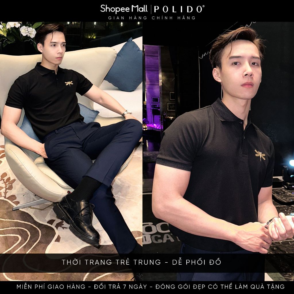 Áo polo nam cộc tay Polido họa tiết thêu chất vải cotton thoáng mát mềm mịn kiểu dáng slimfit thời trang nam