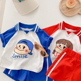 Bộ polo xanh đỏ smile cho bé trai và bé gái A592 - TOPZKIDS