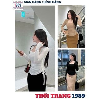 Áo thun lụa rút dây hai bên cổ vuông nhúm eo dài tay mix đồ siêu sang chảnh thời trang hàn quốc ulzzang - 1989