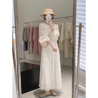 (ORDER) Váy voan dài tay màu trắng dập viền xòe babydoll suông dài điệu đà nhẹ nhàng sang chảnh vintage Hàn Quốc