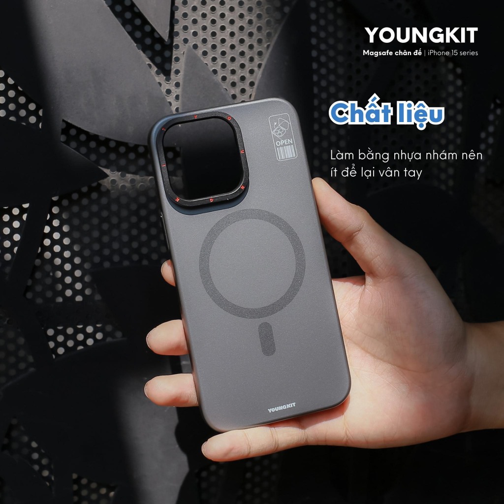 Ốp lưng nhám kèm kệ chống vân tay cho IPhone 15 ProMax / 14 ProMax / 13 ProMax sạc không dây Chính hãng YOUNGKIT