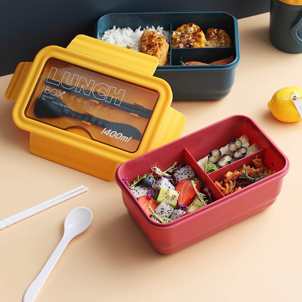 Hộp cơm giữ nhiêt, hộp đựng cơm văn phòng, giữ nhiệt 3 ngăn Lunch box dung tích 1400ml kèm đũa thìa tiện lợi
