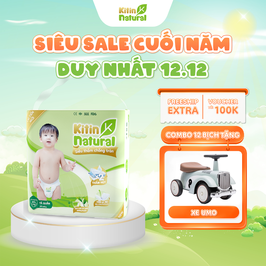 [MUA KÈM DEAL SỐC] Combo 12 bịch Tã/Bỉm Kitin Natural quần Kitin Natural size NB56/S50/M44/L40