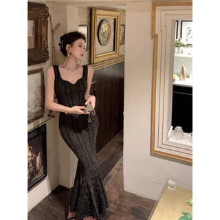 (Taobao) Đầm Nữ cổ Vuông ôm dáng body váy đuôi cá thiết kế Sequin lấp lánh bling, phong cách Pháp Thanh Lịch party