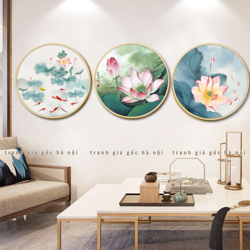 Tranh tráng gương hoa sen tròn nhiều mẫu - tùy chọn vải Canvas - thân gỗ chắc chắn - có khung - tặng kèm đinh treo