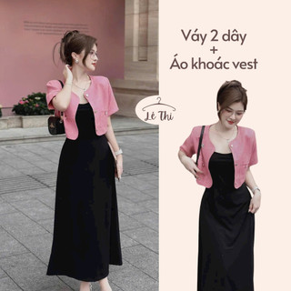 Váy 2 dây dáng dài ôm body kèm áo khoác vest dạ nilen sang chảnh, set váy nữ dự tiệc đi chơi| Lê Thi Clothing