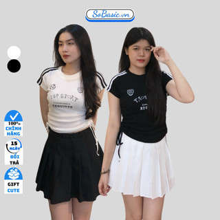 Áo croptop nữ kiểu rút dây 2 bên in hình Top Sport phối viền Sobasic cổ tròn tay ngắn raglan năng động cá tính