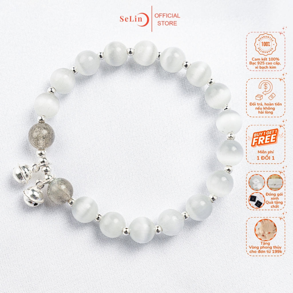 Lắc tay bạc nữ SELIN JEWELRY đá Opal tổng hợp, đá xà cừ, đính chuông bạc
