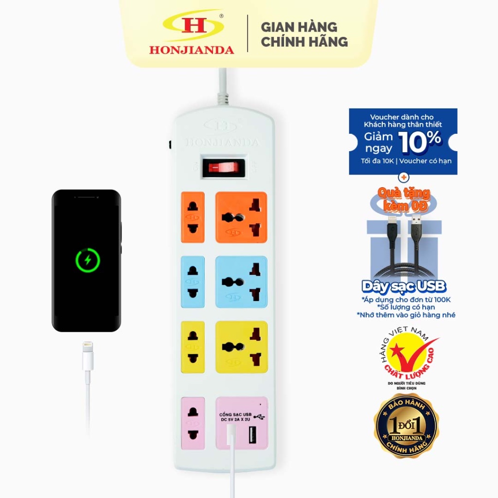 Ổ cắm điện đa năng Honjianda Có USB Mã 04 Dây 3m/5m - an toàn chống quá tải