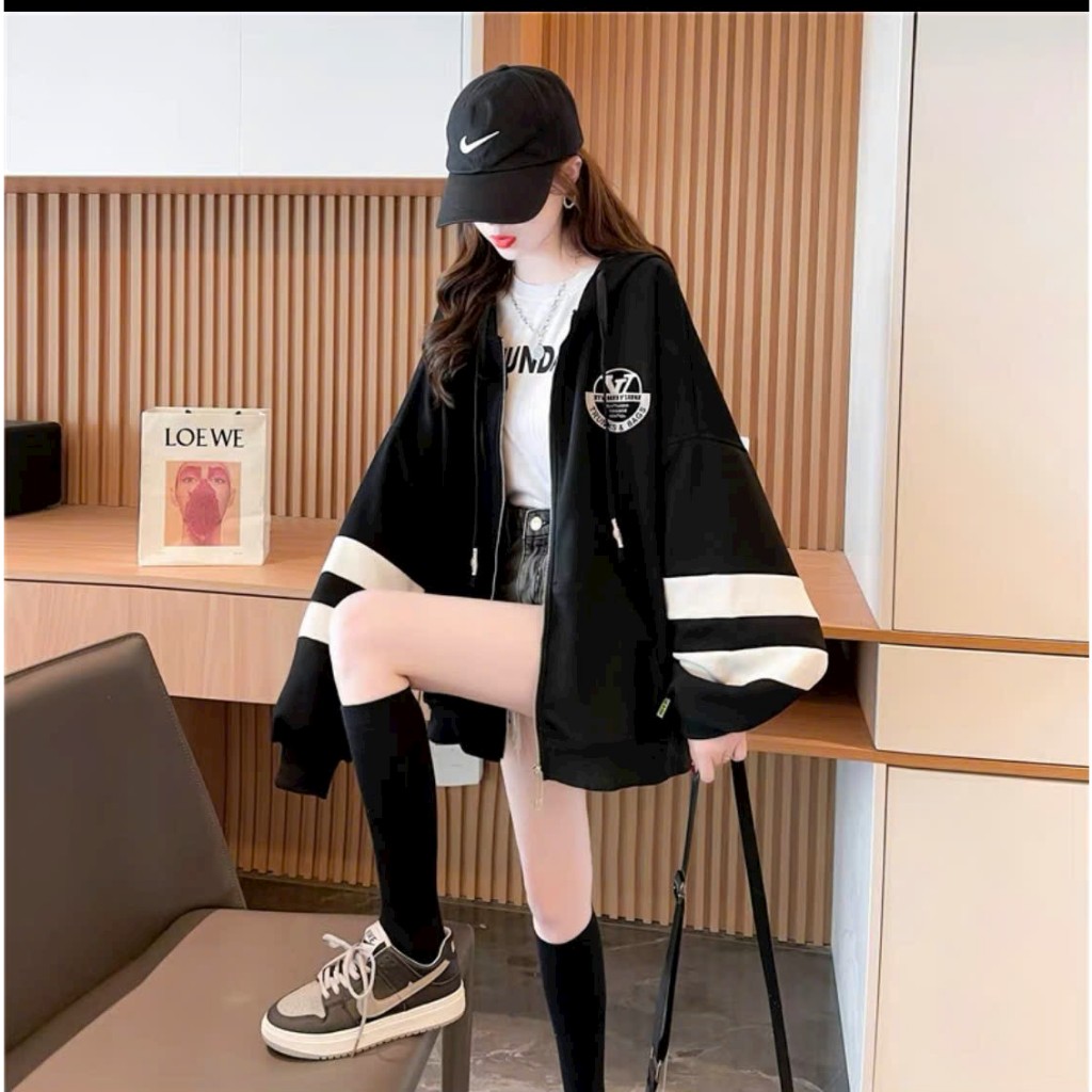 Áo khoác nỉ hoodie nữ nỉ in chữ, phối tiền tay áo dày dặn có dây kéo mũ nón form rộng