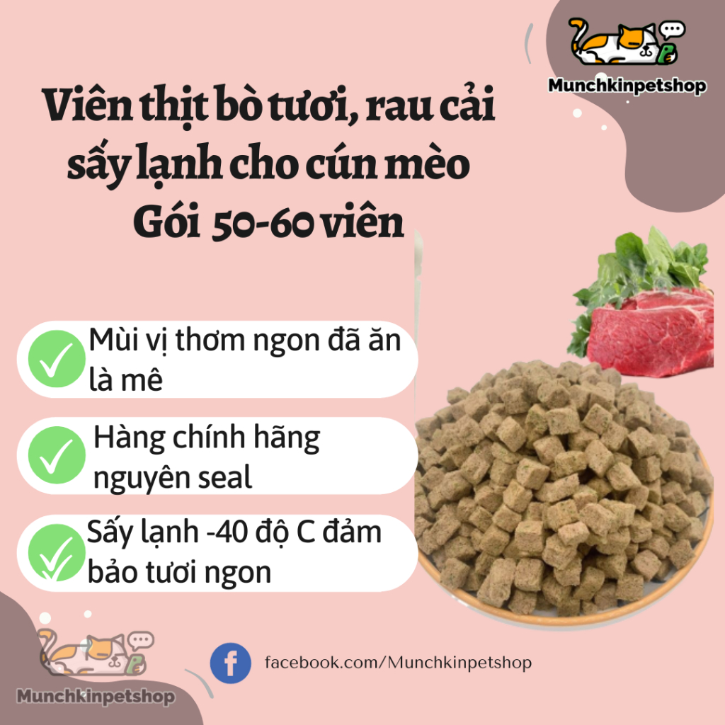 Viên thịt bò, rau cải ngọt sấy cho thú cưng, bổ sung protein, taurine, chất xơ, cải thiện táo bón cho thú cưng