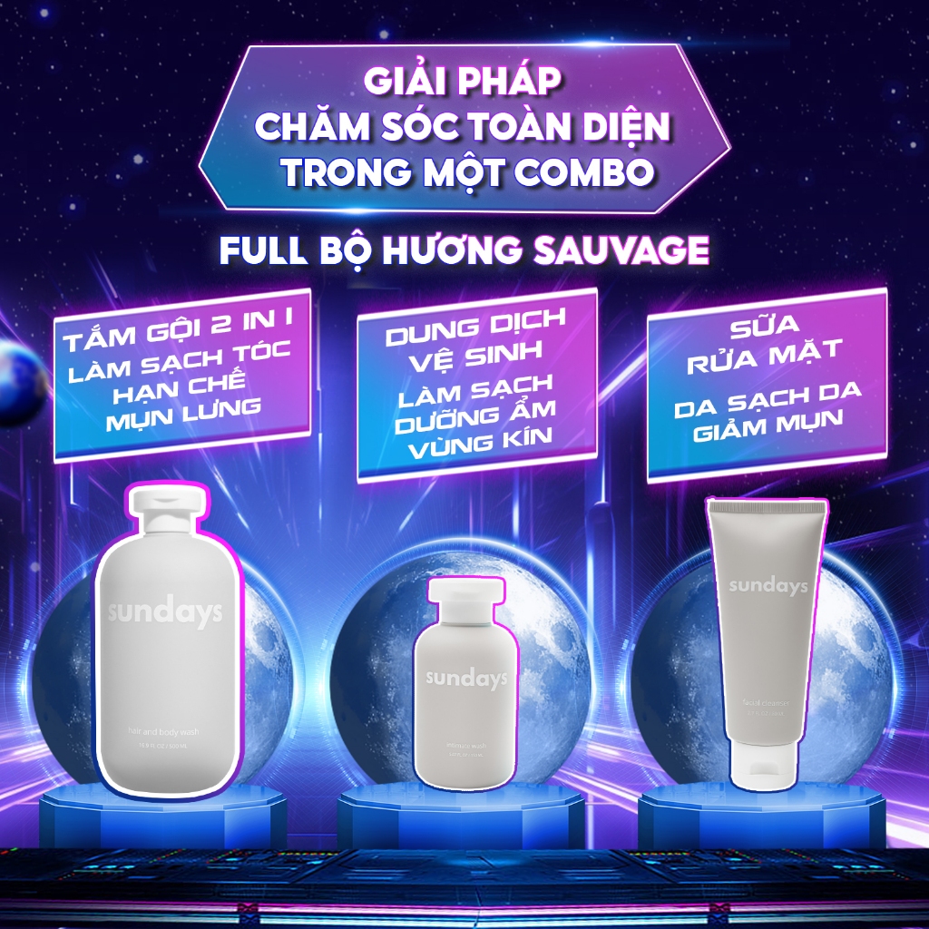 Combo Sữa Tắm Gội Nam Sundays - Combo Quyến Rũ - Sữa tắm gội nam 2in1 hương Sauvage 500ml + Sữa rửa mặt nam 80ml