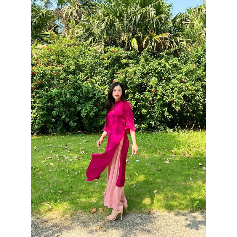 SET áo dài Cát Tường dáng suông cổ tròn, màu Hồng cánh sen đậm, Hàng thiết kế chính hãng ( đã kèm qu