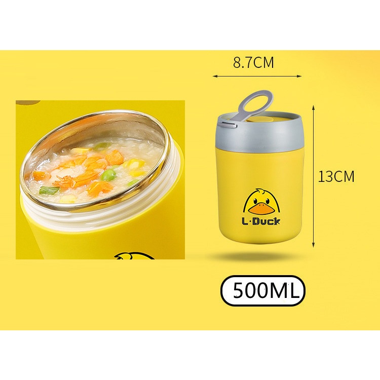 Bình Ủ Cháo Ruột Inox 304 Cho Bé Có Quai Xách Vịt Vàng Dễ Thương Kèm thìa IQ Kao 550ml