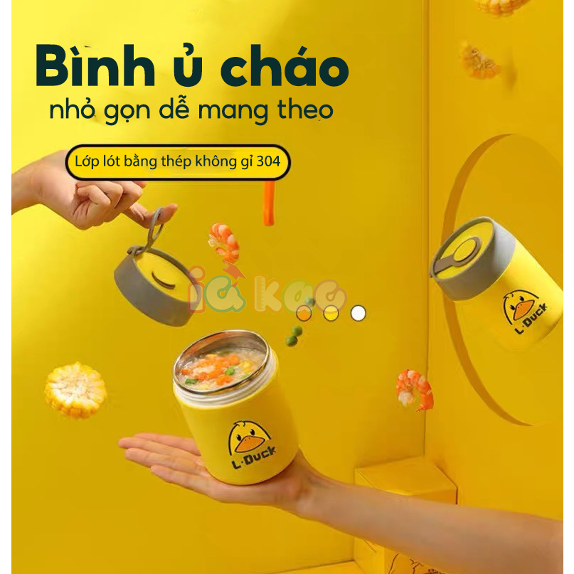 Bình Ủ Cháo Ruột Inox 304 Cho Bé Có Quai Xách Vịt Vàng Dễ Thương Kèm thìa IQ Kao 550ml