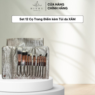 Set 12 cọ trang điểm kèm túi da xám