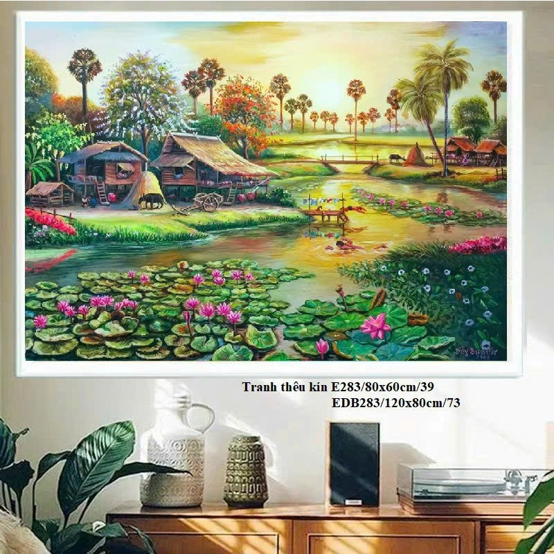 Tranh thêu chữ thập Làng quê yên bình E283 (80x60)cm EDB283 (120x80)cm