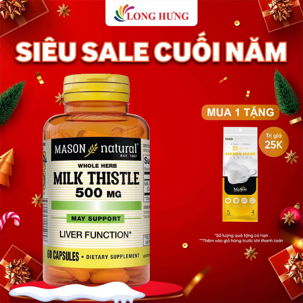 Viên uống Mason Natural Whole Herb Milk Thistle 500mg hỗ trợ thải độc gan (60 viên)