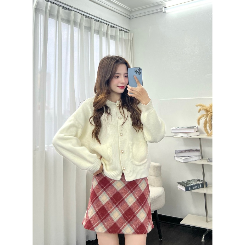 Chân váy dạ kẻ dáng ngắn UNIZ Chanvaydangan49/P0K39