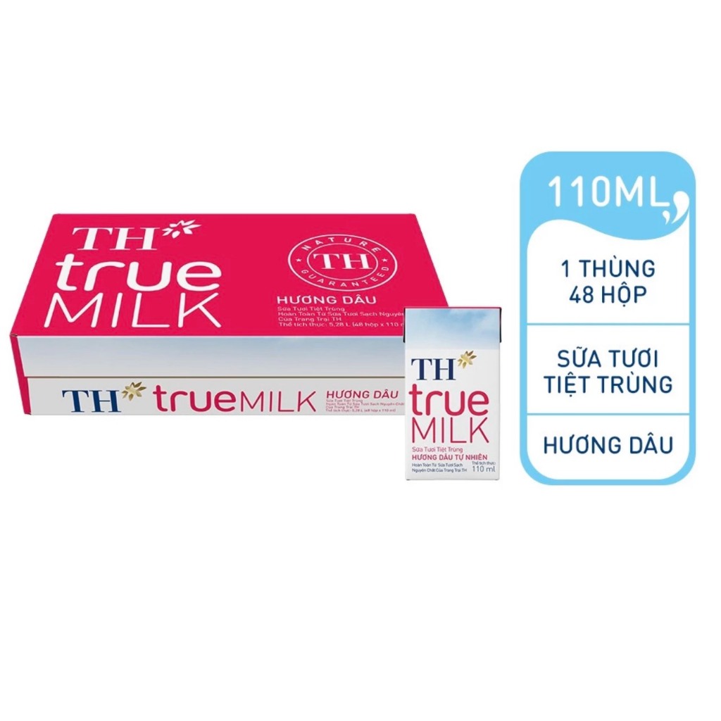 sữa th true milk dâu, hộp sữa tươi tiệt trùng th true milk hương dâu 110ml - 1 thùng 48 hộp