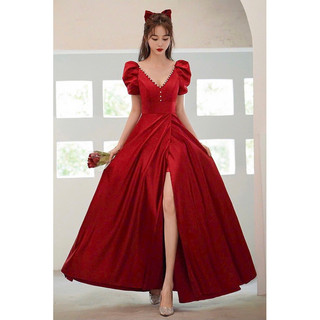 [Ảnh thật]🍒Đầm maxi xoè xẻ tà cổ V viền hạt ngọc S.MLXL