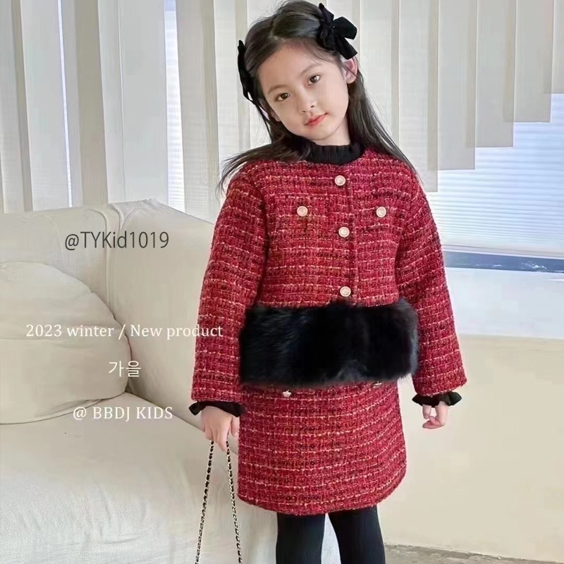 Quần áo trẻ em, Set dạ đỏ cao cấp bé gái phối lông, dạ mềm trần bông dày ấm cho bé 8-22kg S1019 | Tiểu Yến KID
