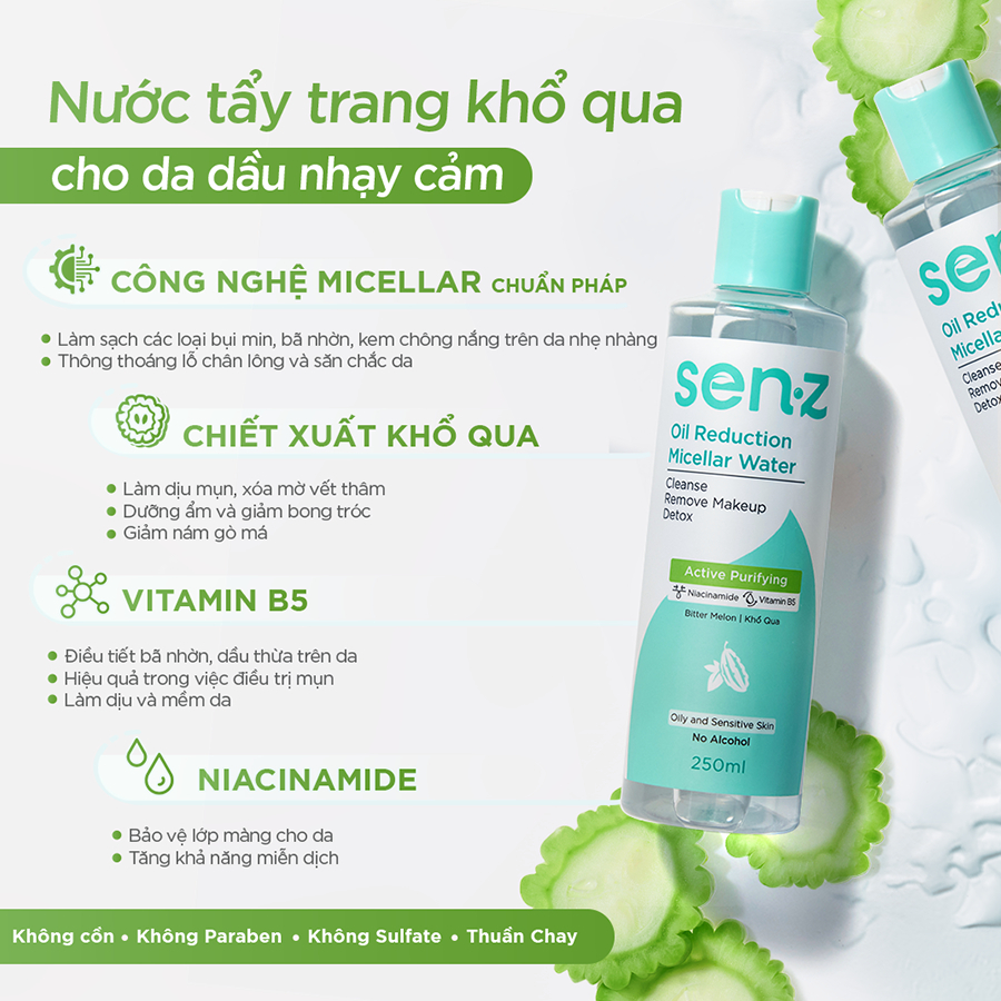 Nước Tẩy Trang Senz Micellar Water làm sạch da dịu nhẹ 250ml
