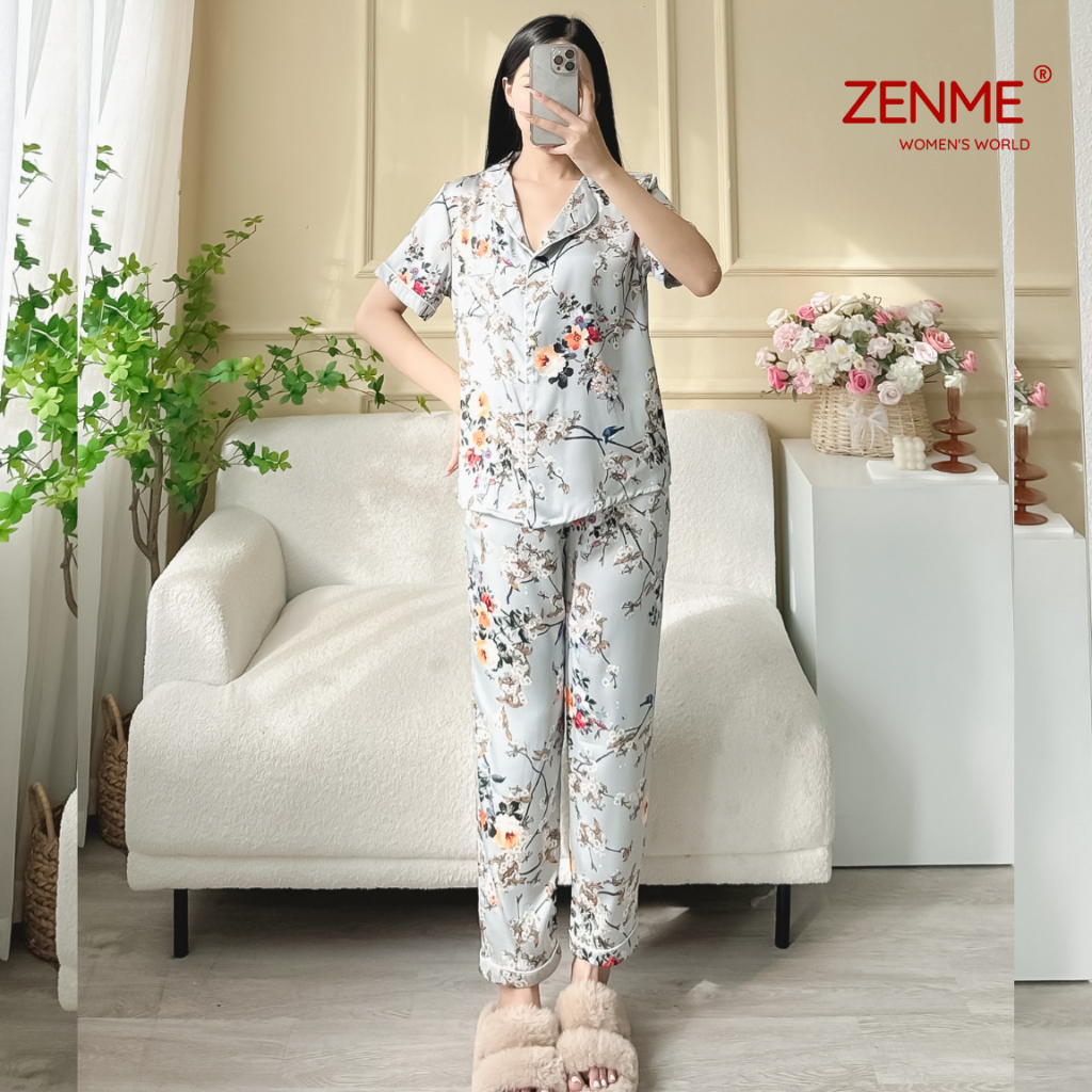 Đồ ngủ lụa latin nữ pijama form rộng Zenme, bộ mặc nhà tay ngắn quần dài thoáng mát, họa tiết hoa PJD1223